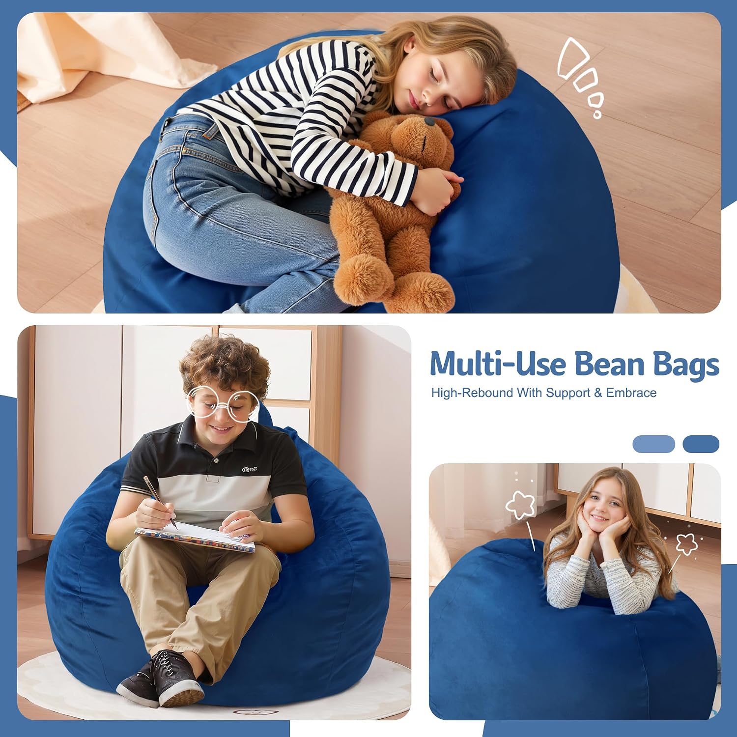 Homguava 2FT Bean Bag Chair: Bean Bags with Memory Foam Filled,Comfy Beanbag Chairs Round Bean Bag Sofa with Dutch Velvet Cover-2FT-28 x28 x22,Blue