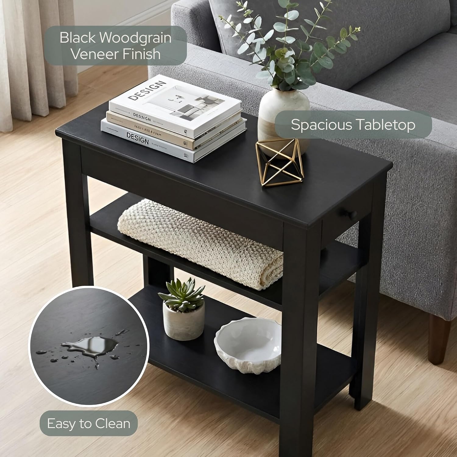 Convenience Concepts Designs2Go Baja Chairside End Table 23.75" - Transitional Narrow 3-Tier Side Accent with Storage Drawer & Shelves for Modern Living or Family Room, Bedroom Nightstand, Black