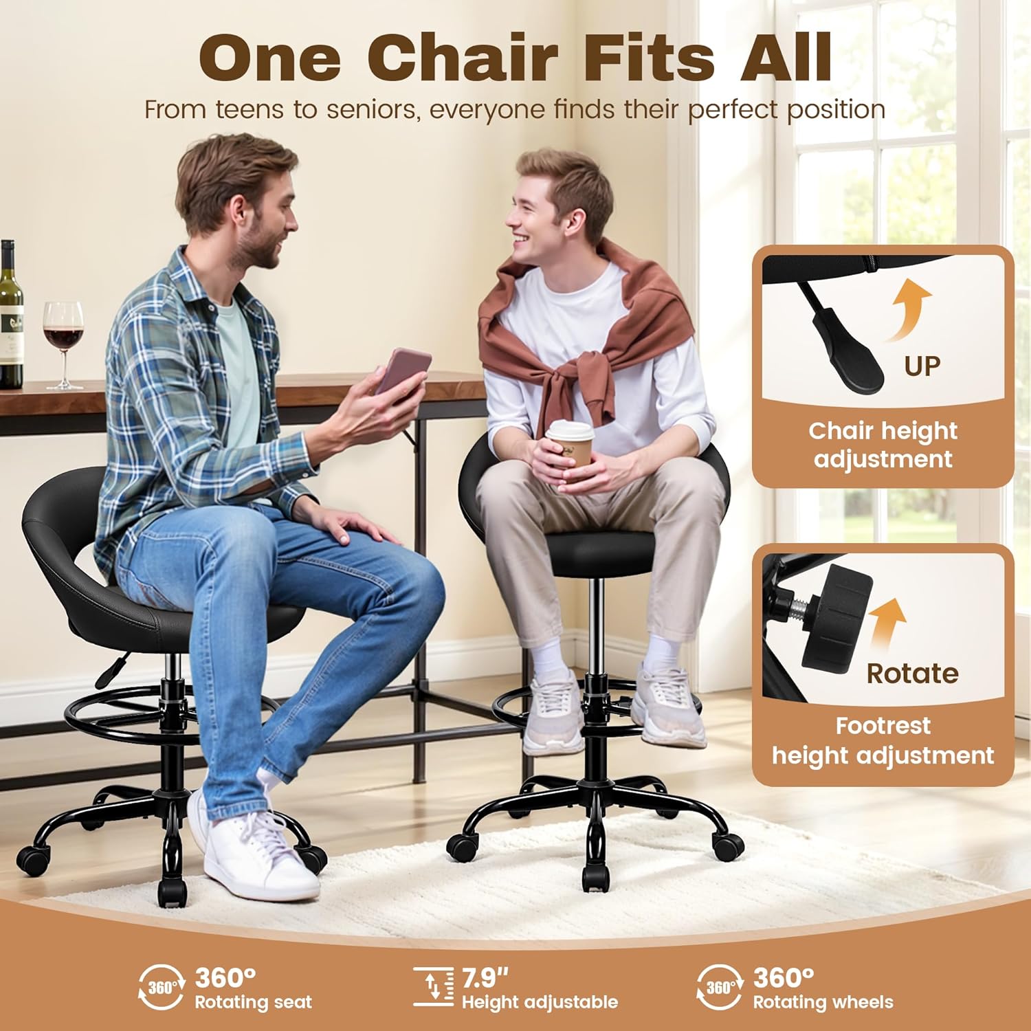 BESTFAIR Office Drafting Chair - Bar Stools with Back Support, Adjustable Foot Rest and Wheels, Shop Rolling Swivel Chair for Standing Desk Counter Kitchen Salon Home Vanity, Black