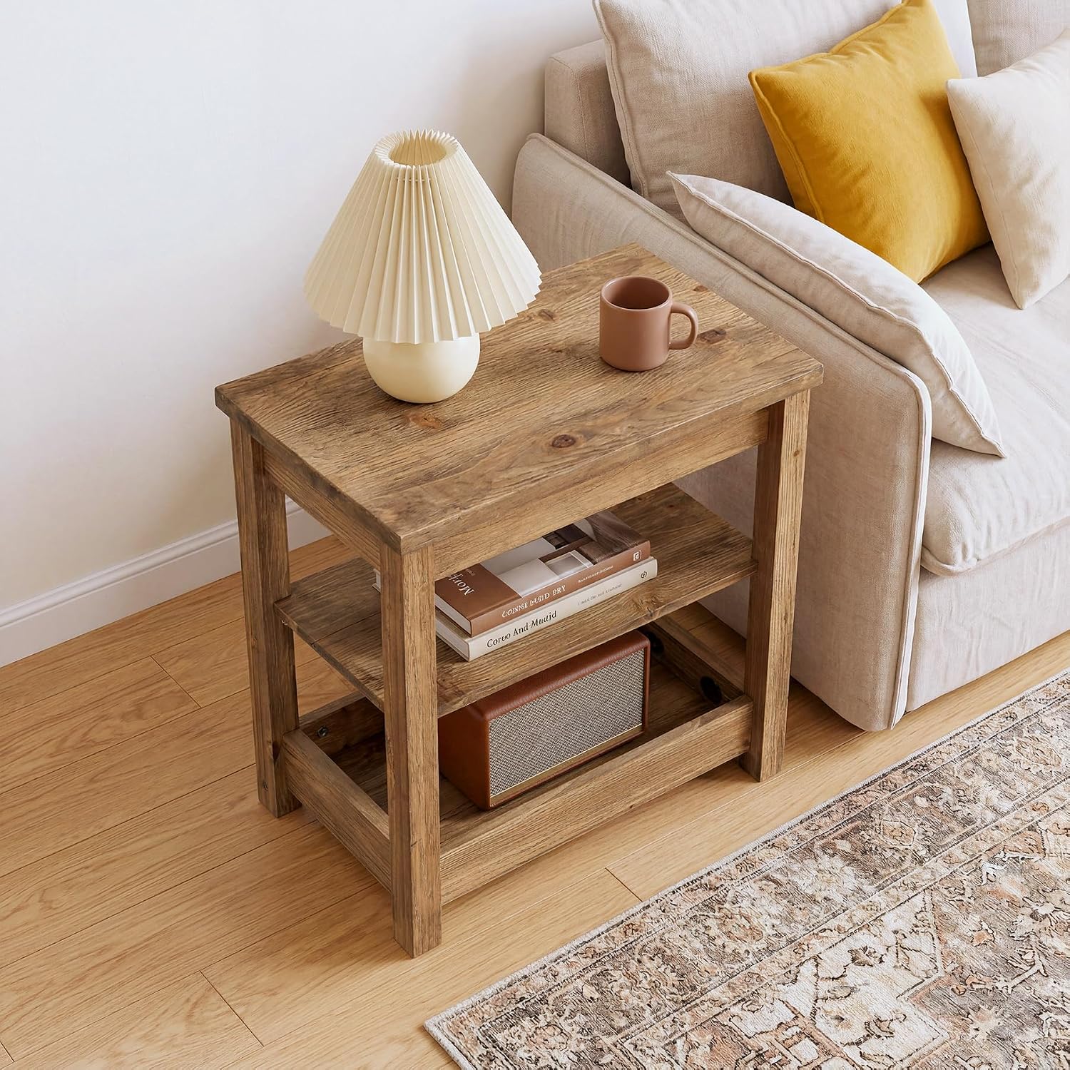 Solid Wood End Table, Farmhouse Narrow Sofa Side Table with 3-Tier Storage Shelf, Small Rectangular Nightstand for Living Room, Bedroom, Small Space, Space-Saving, Brown
