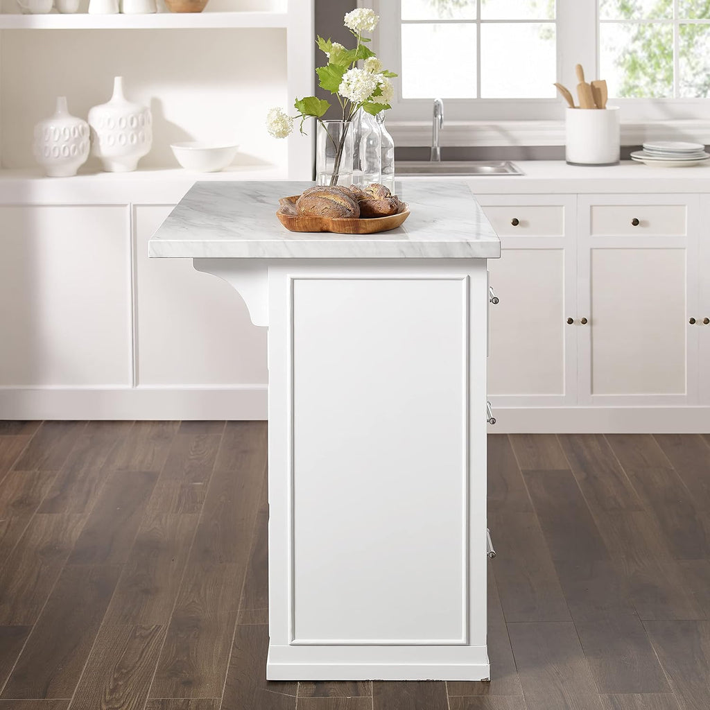 Crosley Furniture Cutler Faux Marble Top Kitchen Island with Storage, Breakfast Bar, Microwave Stand, White