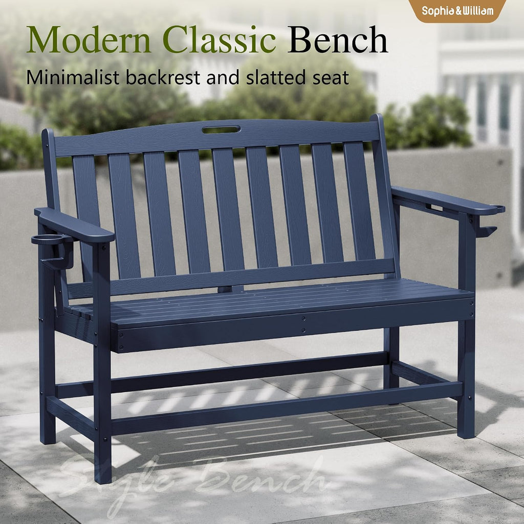 Sophia & William HDPE Outdoor Bench Weatherproof, 2-Person Garden Bench with Cup Holders, 700 lbs Capacity, Patio Benches for Porch, Garden, Backyard and Park, Navy