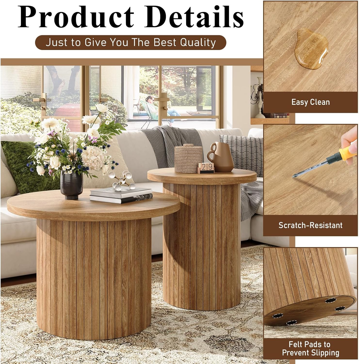 LUXOAK Nesting Coffee Table Set of 2, Mid Century Modern Round Coffee Table, Wood Slat Side Table Set for Living Room, Office, Balcony (Natural Oak)
