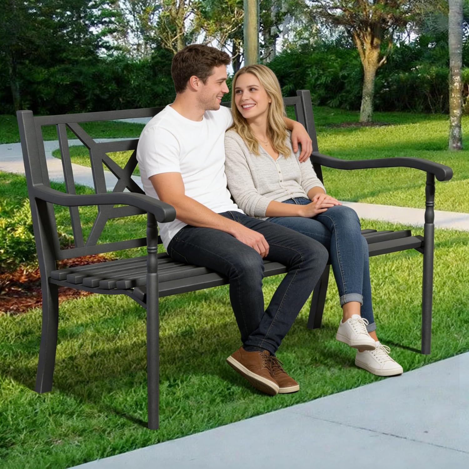 Metal Bench Patio Bench, Outdoor Benches Weatherproof with Lattice Backrest, Wrought Iron Garden Benches for Outdoors, Patio, Garden, Park, 2 Pack