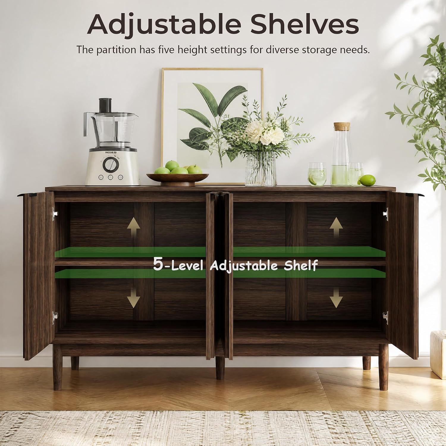Otterease Fluted Cabinet with Storage, Small Buffet Cabinet Sideboard with Door, Kitchen Buffet Storage Accent Cabinets with Adjustable Shelves for Living Room, Entry, Hallway,Wlanut