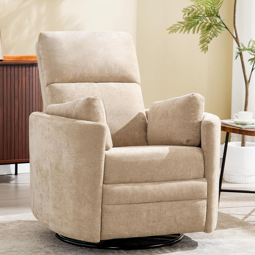 Manual Recliner 360°Swivel Rocking Glider Chair,Upholstered Nursery Adult Recliner Rocker Glider Chair with 2 Pillows for Living Room Bedroom Apartment(Khaki,Manual Operation)