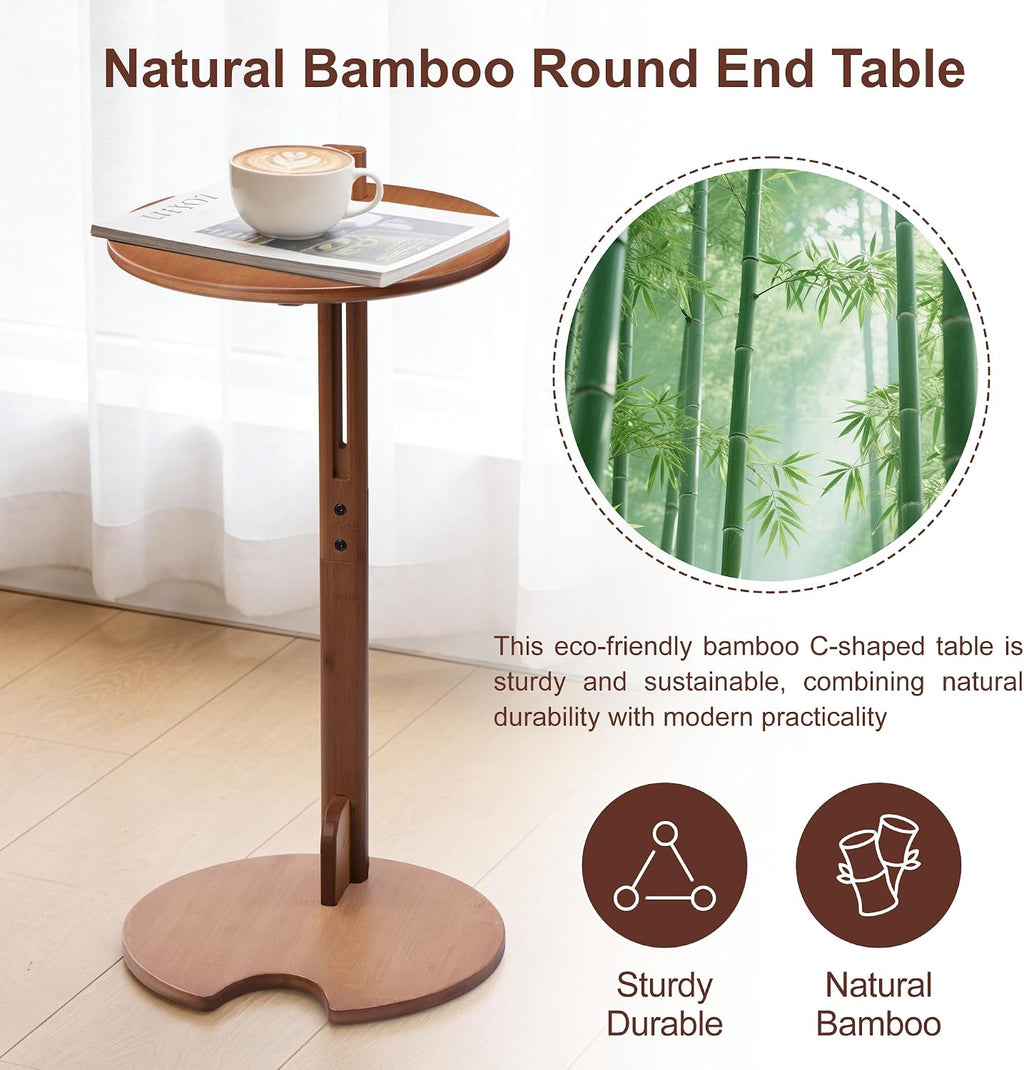 18–26" Height Adjustable Bamboo C-Shaped Side End Table for Sofa | Slides Under Couch; Round Solid Bamboo Top; Works as Laptop Desk & TV Tray; Space-Saving for Small Living Rooms and Bedrooms
