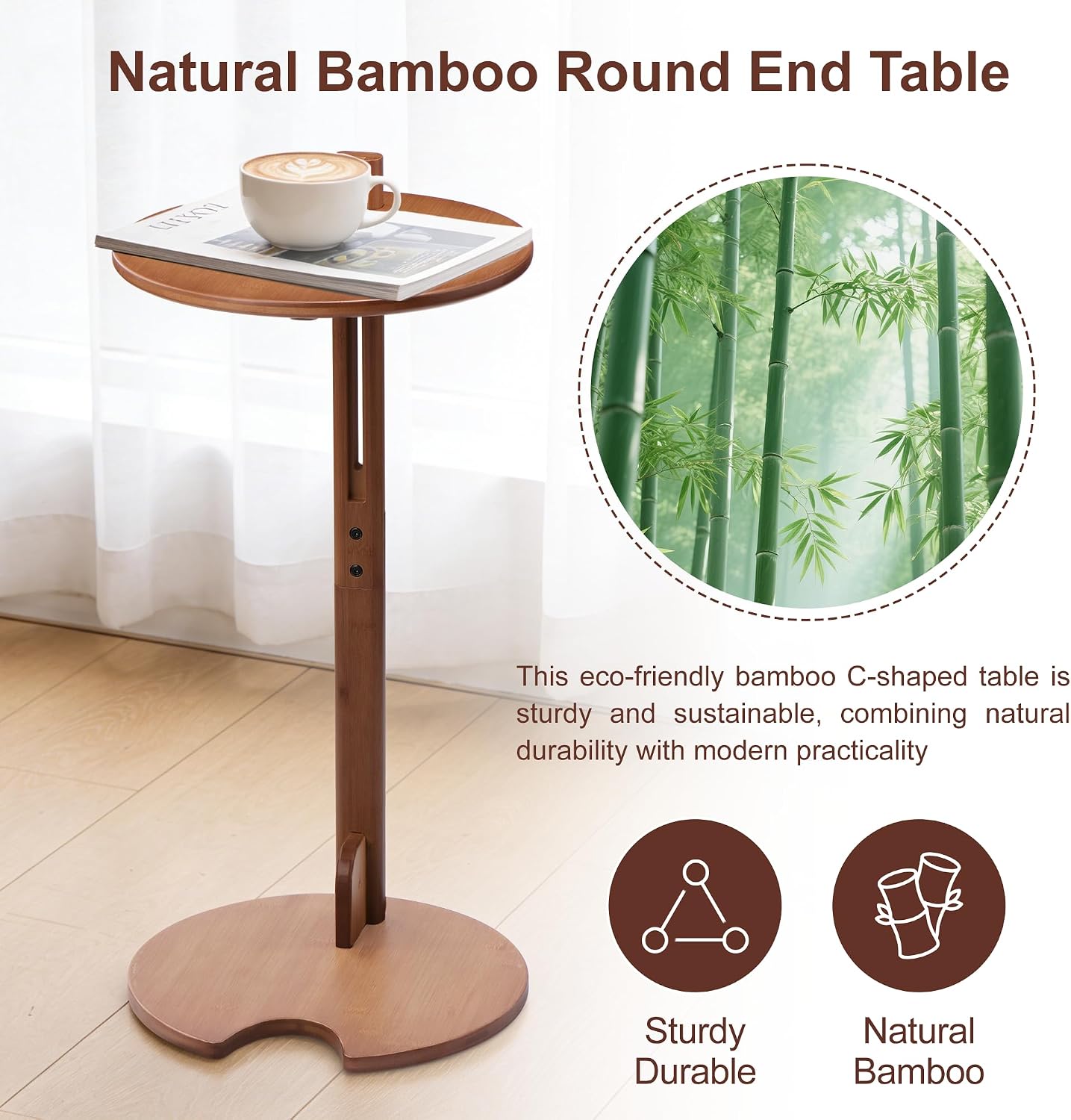 18–26" Height Adjustable Bamboo C-Shaped Side End Table for Sofa | Slides Under Couch; Round Solid Bamboo Top; Works as Laptop Desk & TV Tray; Space-Saving for Small Living Rooms and Bedrooms