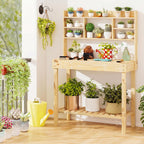 HAPPYGRILL Potting Bench Table, 60” Wood Garden Work Bench Workstation with Storage, Flip-Up Tabletop, Shelves & Hanging Hooks, Outdoor Garden Table for Patio, Lawn & Porch