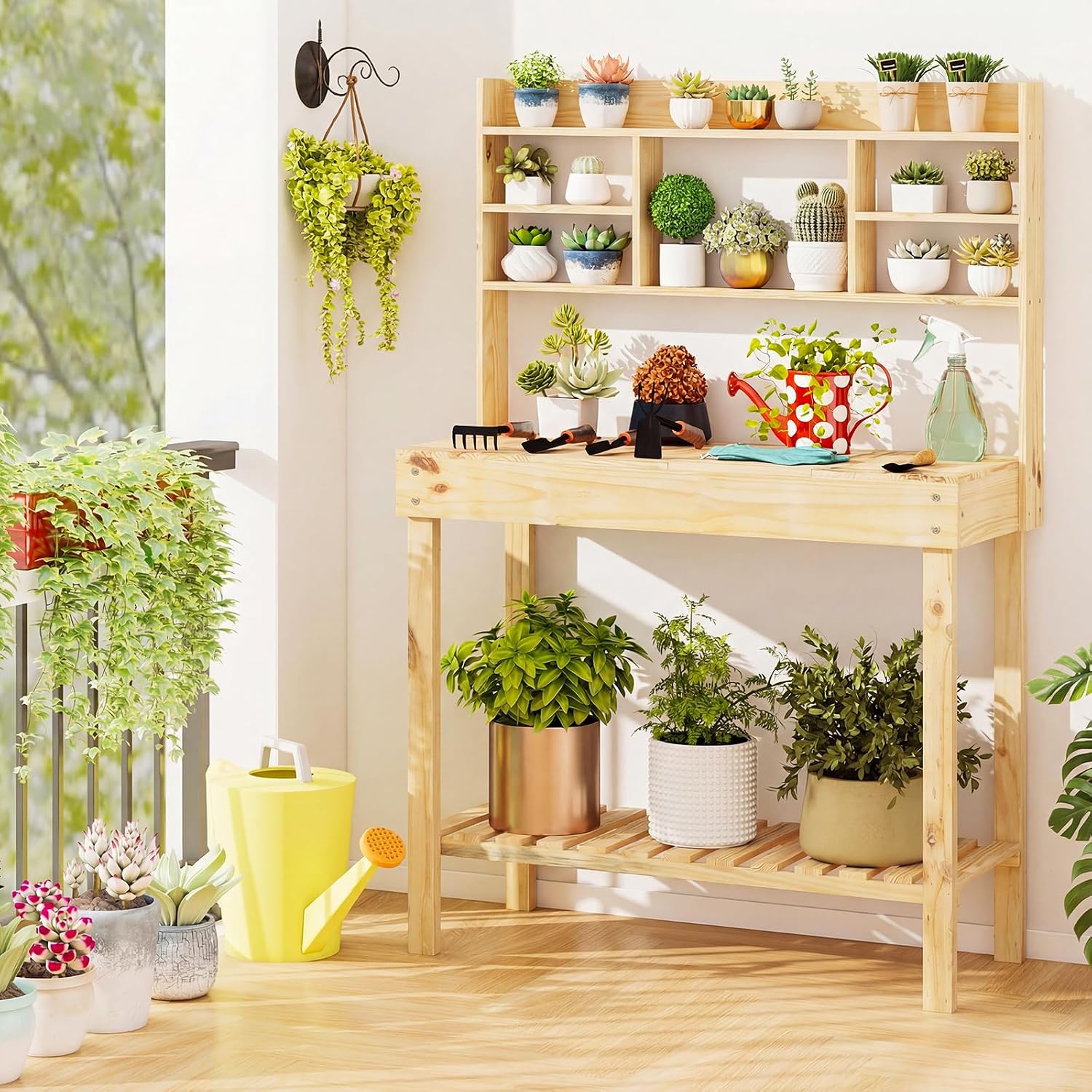 HAPPYGRILL Potting Bench Table, 60” Wood Garden Work Bench Workstation with Storage, Flip-Up Tabletop, Shelves & Hanging Hooks, Outdoor Garden Table for Patio, Lawn & Porch