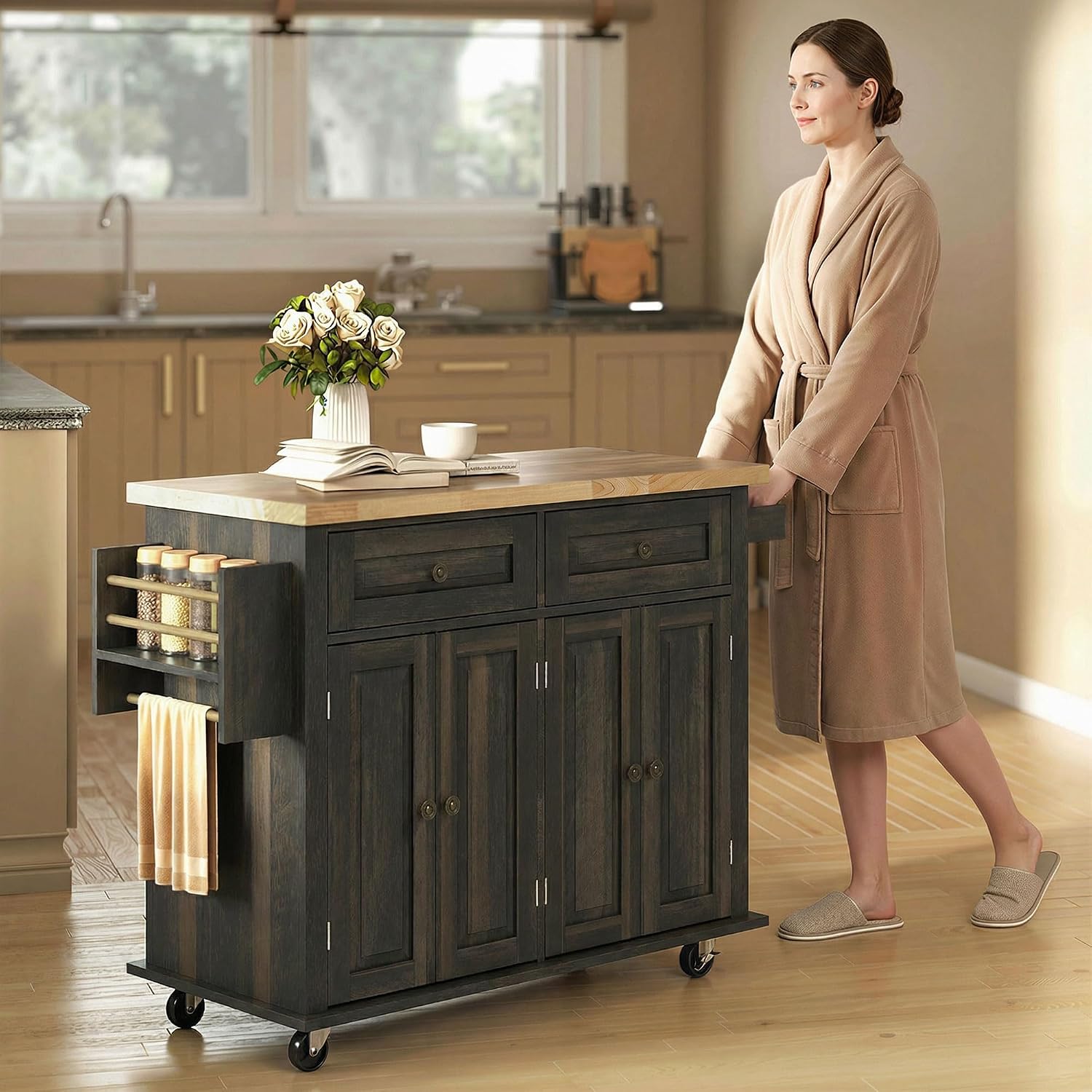 HOMCOM Kitchen Island Cart with Solid Wood Top 44" Mobile Brown Oak | Kitchen Island Table, on Wheels, Storage Cabinets, 2 Drawers, Adjustable Shelves, Spice Rack & Towel Bar, for Dining Room