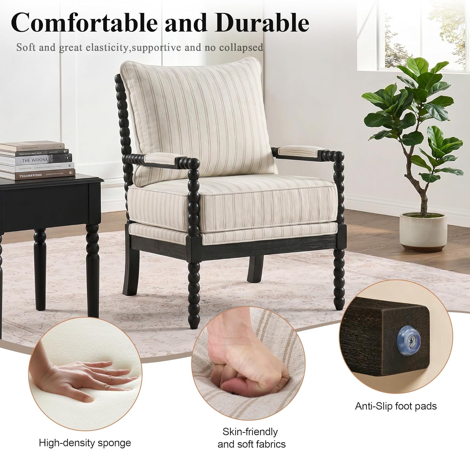 DUHOME Linen Fabric Spindle Accent Chair Set of 2,Bobbin Chair with High Resilience Spring Cushion and Armrest Pads, Leisure Armchair for Living Room Bedroom Farmhouse Home Office Belcony
