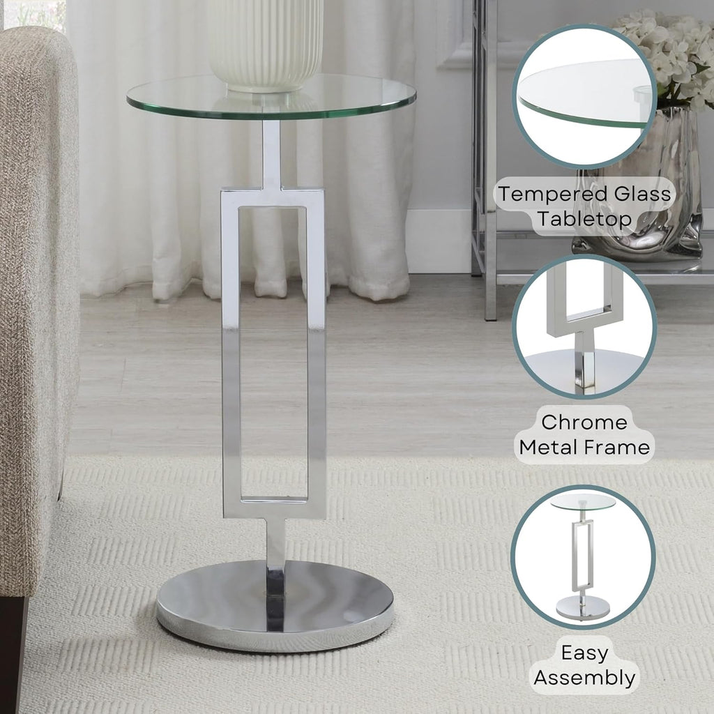 Convenience Concepts Town Square Chrome Glass Martini End Table 12" - Round Cocktail Side Accent for Modern Living & Family Room, Geometric Plant Stand, Display Pedestal