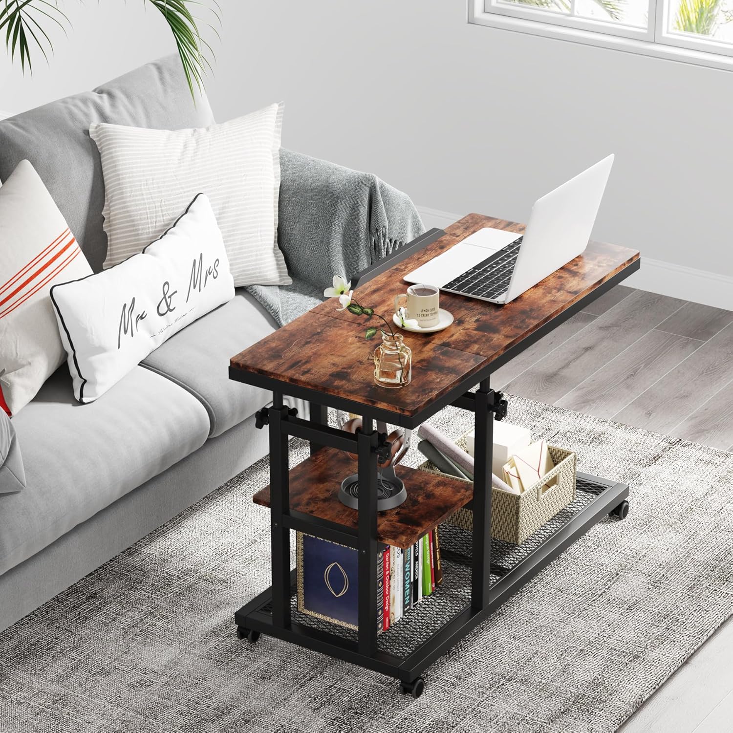 Tribesigns Adjustable Height Rolling C-Table, Mobile Side Table with Tiltable Top & Double Shelves, Vintage Brown C-Shaped End Table for Sofa, Bed, Living Room