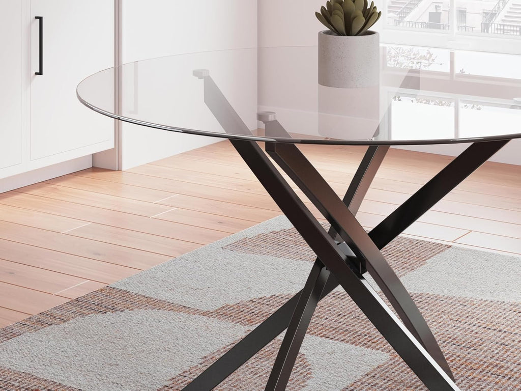 Signature Design by Ashley Pharwynn Modern Glass Tabletop Dining Table with Cross-Shaped Base, Black