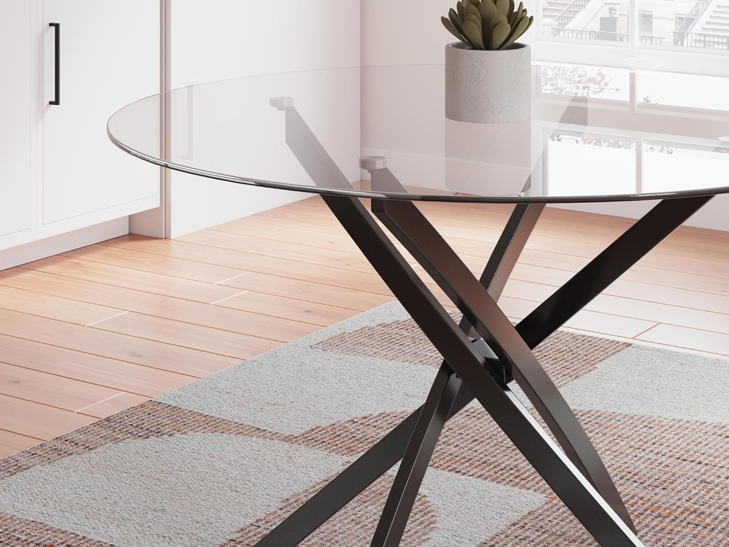 Signature Design by Ashley Pharwynn Modern Glass Tabletop Dining Table with Cross-Shaped Base, Black