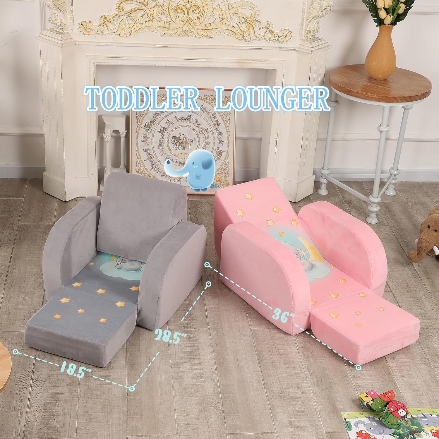 MOMCAYWEX Kids Sofa, 3-in-1 Flip Open Toddler Couch, Comfy Kids Lounger, Velvet Fabric, Grey