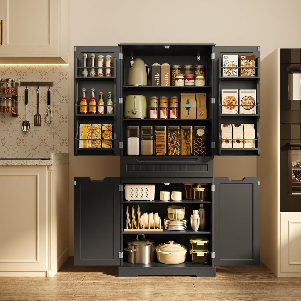 Gizoon 71" Tall Kitchen Pantry Cabinet with Doors and Adjustable Shelves, 5-Tier Multipurpose Pantry Storage Cabinet with Drawer Freestanding Organizer for Small Kitchen Bathroom Laundry Room, Black