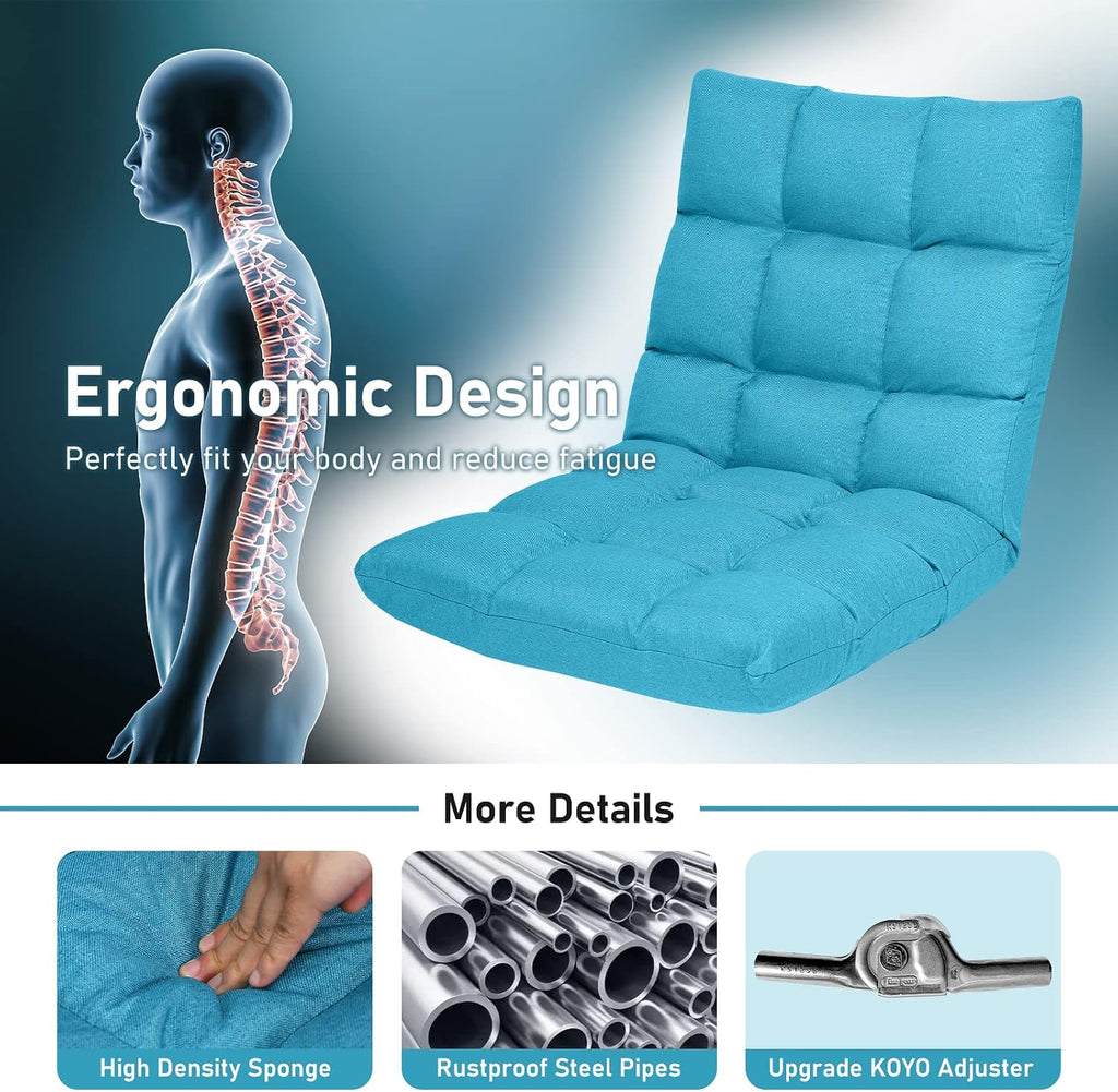 MAT EXPERT 14-Position Floor Chair, Floor Gaming Chair w/Resilience Sponge, Alloy Steel Frame, Padded Bed Couch Recliner, Floor Chair with Back Support for Reading, Meditating (Peacock Blue)