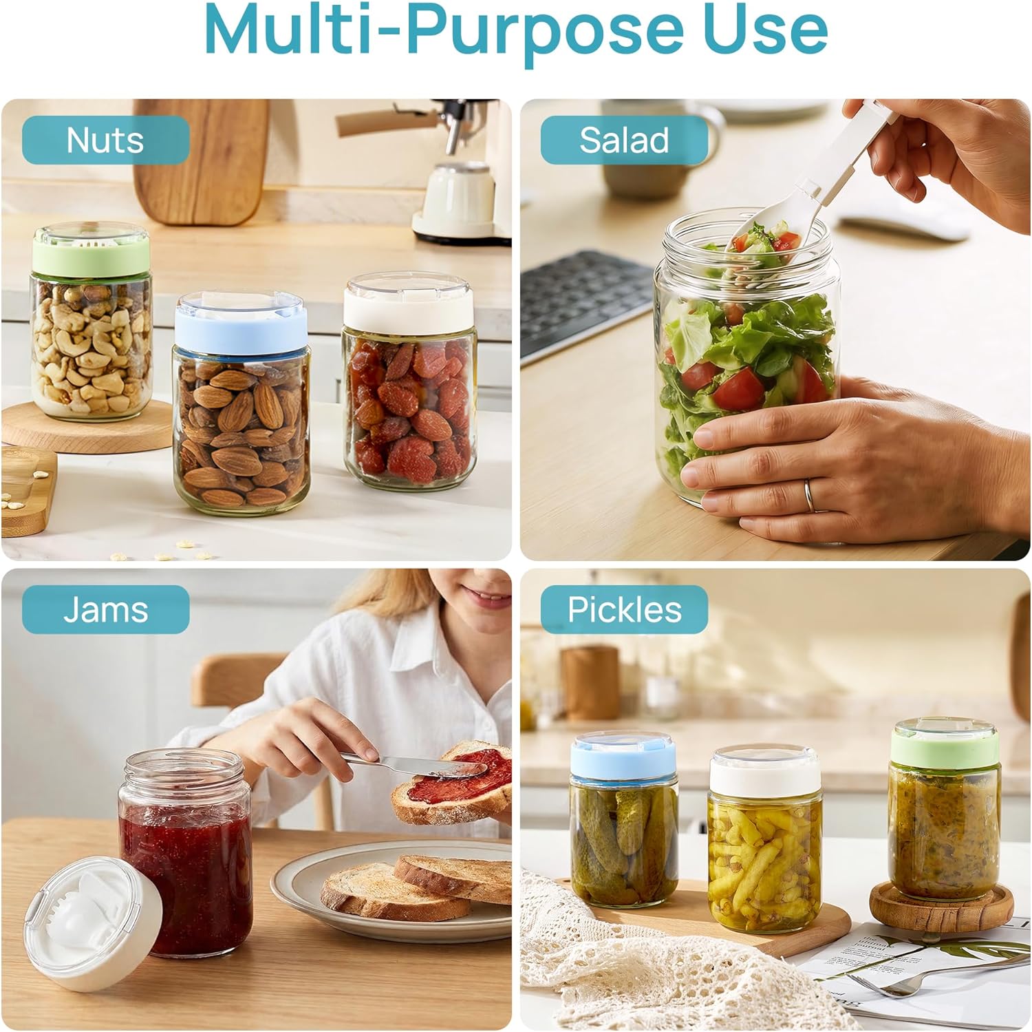 Vtopmart 6 Pack 16 oz Overnight Oats Containers with Lids and Folding Spoons Stored in Lid, Airtight Leakproof, Glass Jars for Overnight Oats, Yogurt, Fruit, Chia Pudding, Meal Prep