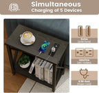 Hadulcet Farmhouse Side Table with Charging Station - Narrow Bedside Table for Small Space, Slim End Table, Rustic X-Design Nightstand for Living Room, Bedroom, Classic Black