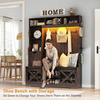 75''H 59''W Large LED Farmhouse Hall Tree with Bench and Shoe Storage,Entryway Bench with Coat Rack,16 Shoe Cubbies & Umbrella Holder and Sock Storage Drawer,Mudroom/Hallway Storages Cabinet(Brown)