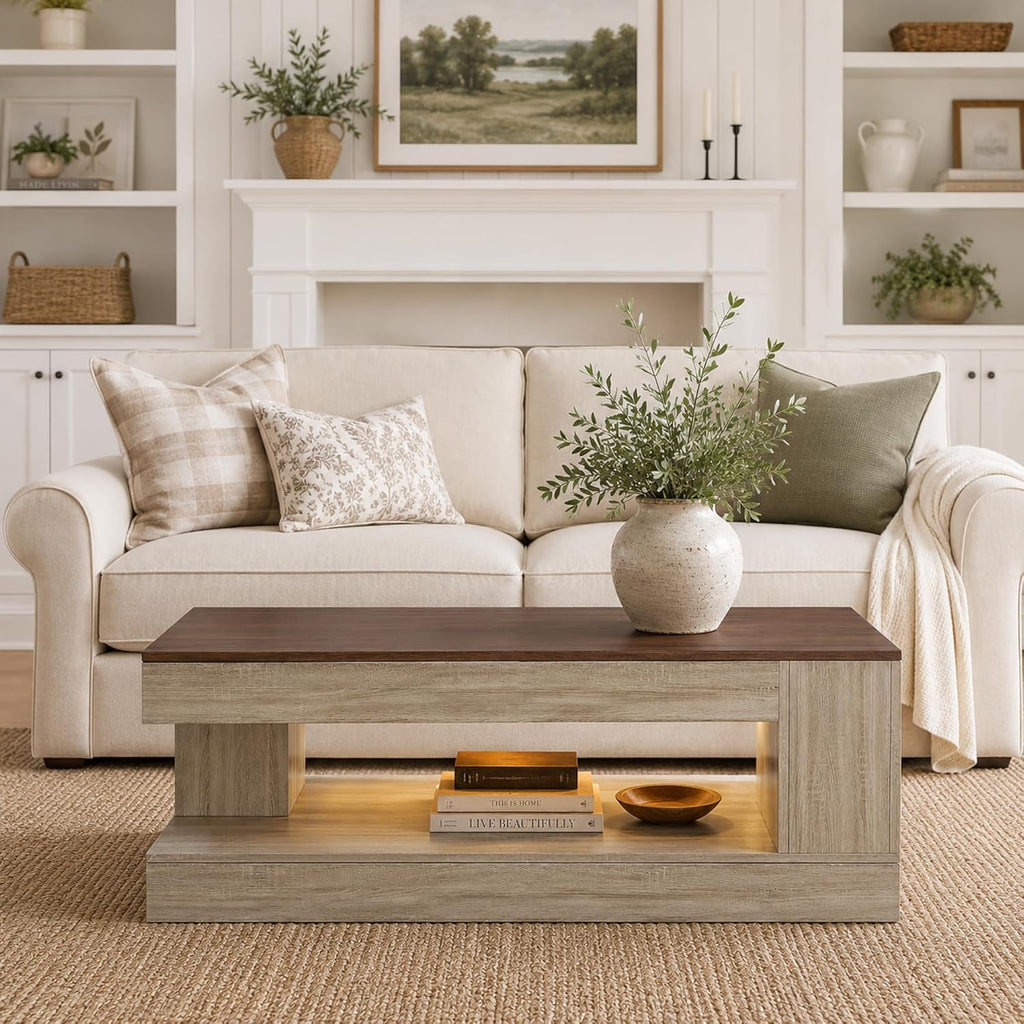 Farmhouse Coffee Table for Living Room, 47 Inch Coffee Tables with Storage & LED Light, Thickened Wood Rectangular Living Room Table, Two-Tone, Walnut &Light Ash White