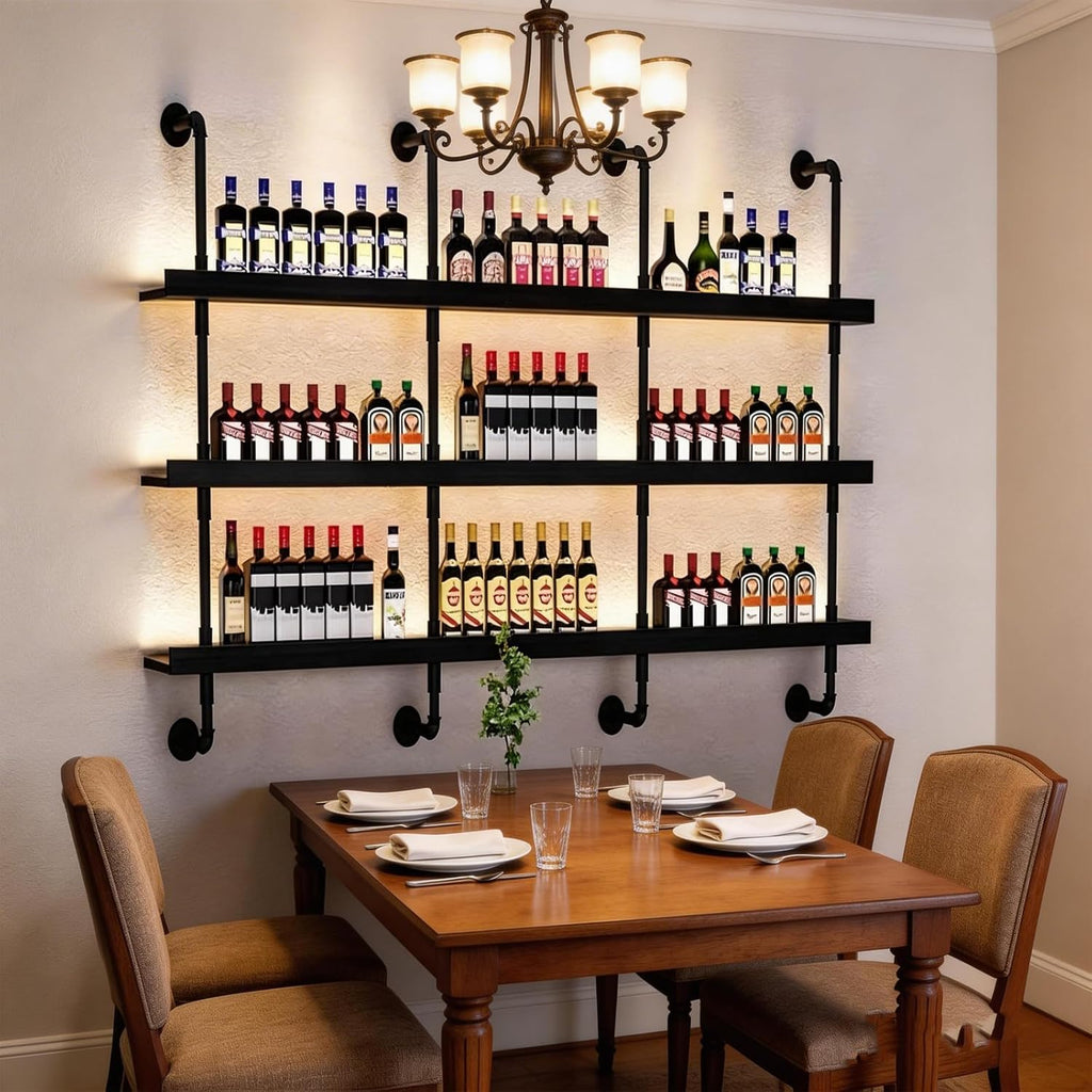 89cm/35in Wall Mounted Wine Rack with LED Light - 3-Tier Solid Wood Industrial Rustic Floating Shelves, Bottle Storage Organizer for Kitchen, Bar, Pub, Cellar, Home Bar (Black, 89cm/35in)