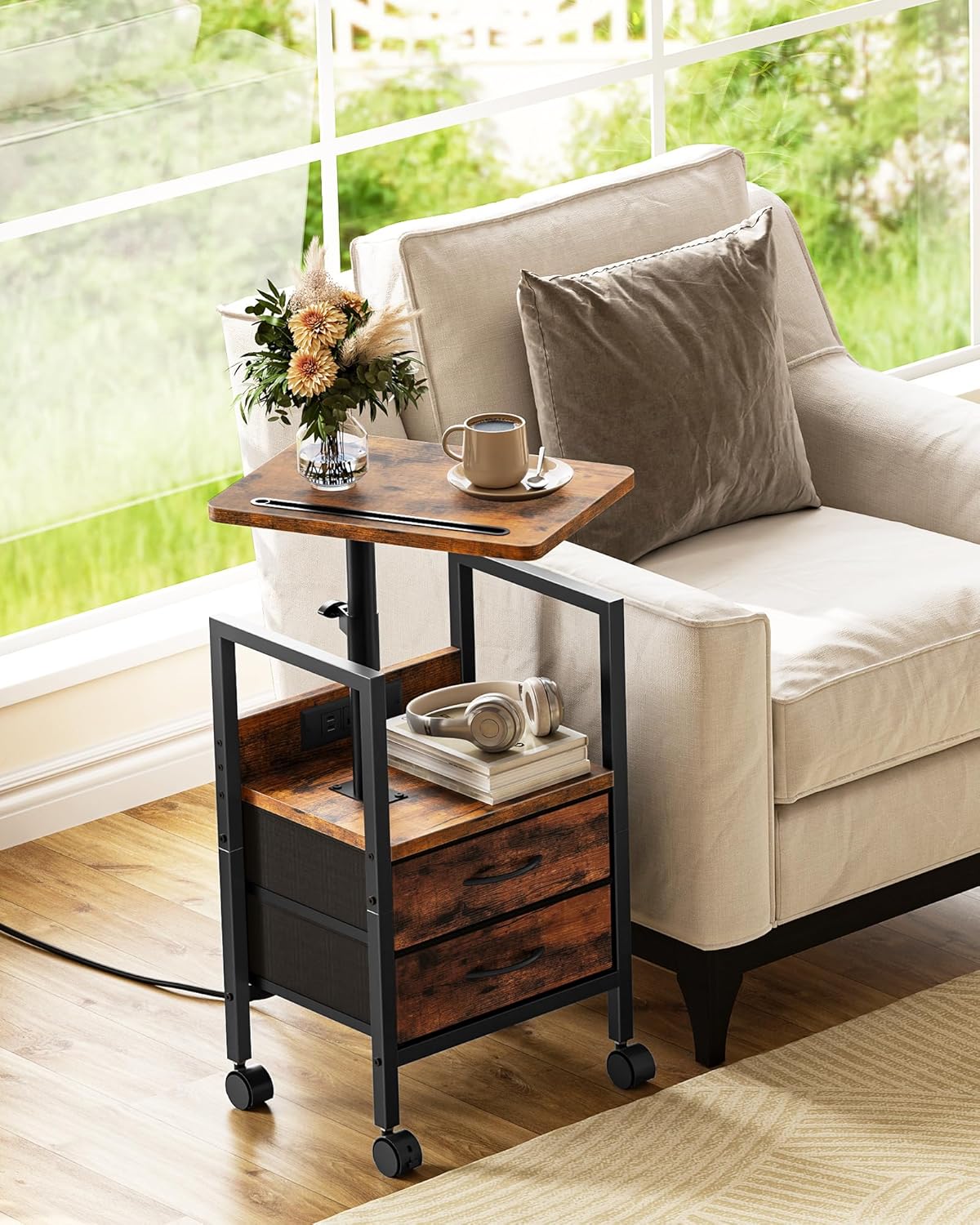 Height Adjustable Side Table with Swivel Tabletop, End Table with Charging Station, Bedside Table with Fabric Drawers and Wheels, Nightstand for Living Room, Bedroom, Rustic Brown and Black TBZ21UBF