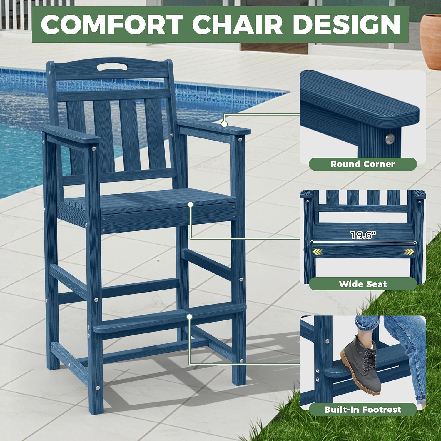 Outdoor Patio Bar Height Chair, All-Weather HDPE Tall Balcony Adirondack Stools for Bistro, Garden, Backyard, Deck | Navy Blue