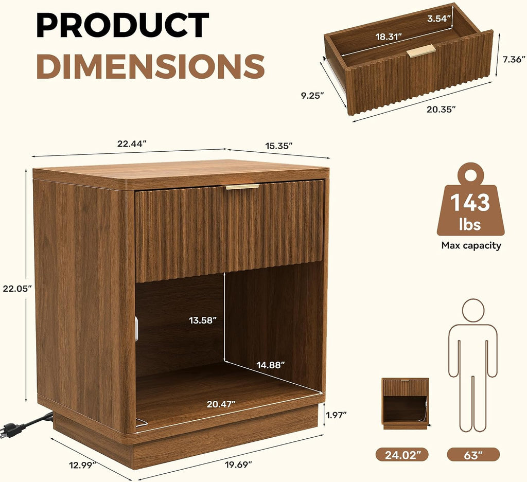 Miereirl Fluted Nightstand with Charging Station, Vintage Modern Night Stands Storage Cabinet Wooden Bedside Table with Metal Handle Drawers, Walnut Oak