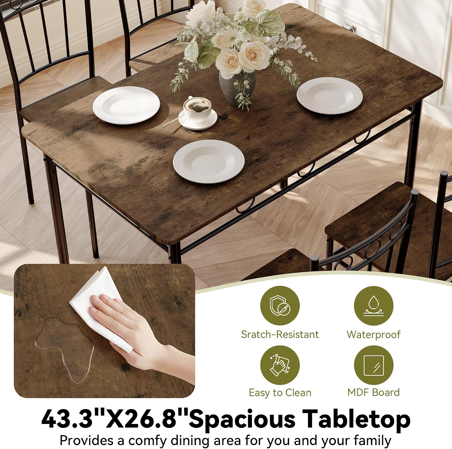 5 Piece Dining Table Set, Wood Kitchen Table and Chairs for Small Space,Breakfast Nook,Easy Assembly,Brown