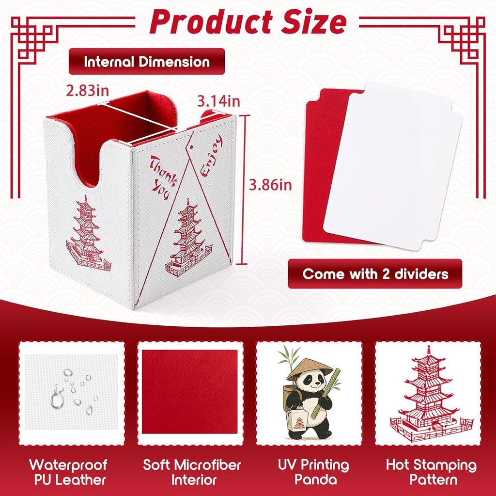 Venssu Chinese Takeout MTG Deck Box, Commander Deck Case Fits 100 Double Sleeved Cards, PU Leather Storage Box with 2 Dividers(Bright Red and White), Compatible with TCG/PTCG/EDH/Magic/Sport Cards