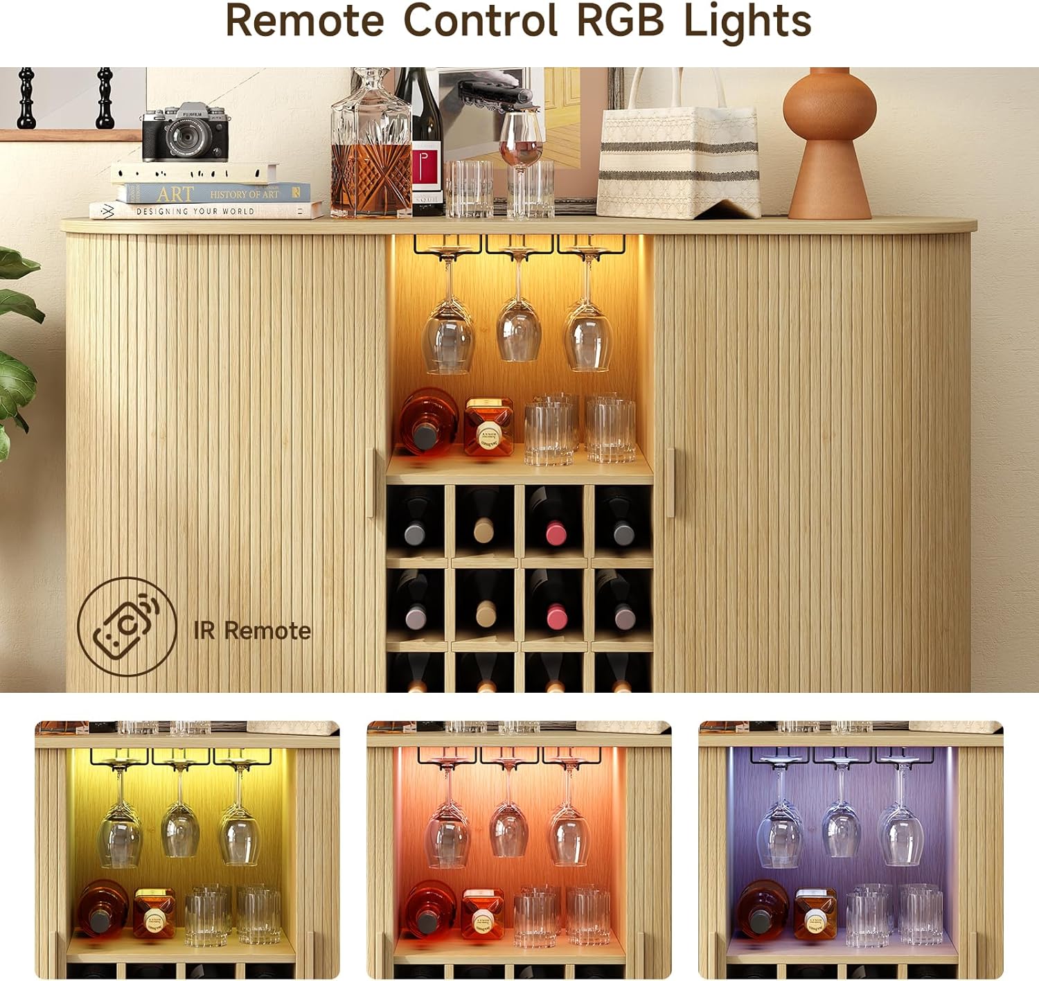 ONBRILL 55" Wine Bar Cabinet with LED Light,Modern Liquor Whiskey Coffee Station with Wine Rack and Glass Holder, Farmhouse Buffet Sideboard with Storage for Living Room, Kitchen, Entryway (Oak)