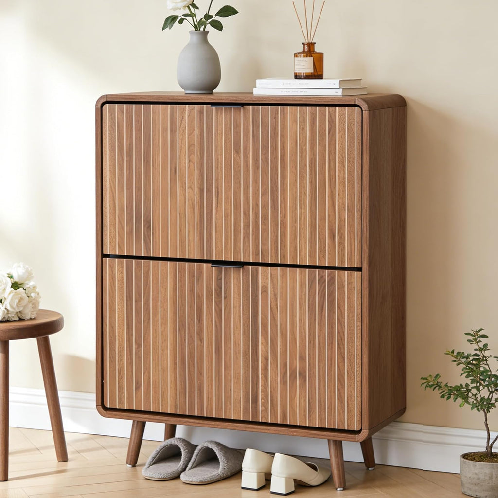 FurSch Fluted Shoe Storage Cabinet with 2 Flip Drawers, Narrow Shoe Rack Cabinet Organizer with Adjustable & Removable Shelves for Entryway (All Walnut, 2 Drawers)