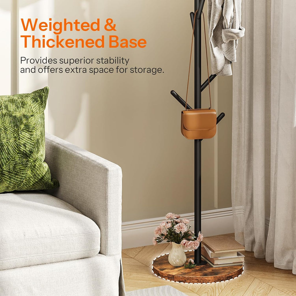 HOOBRO Coat Rack Stand with 9 Hooks, Metal Freestanding Coat Tree with Wooden Base, Heavy Duty Hall Tree for Entryway, Space Saving Coat Hanger Stand with Thickened Base, Rustic Brown BF11YM01