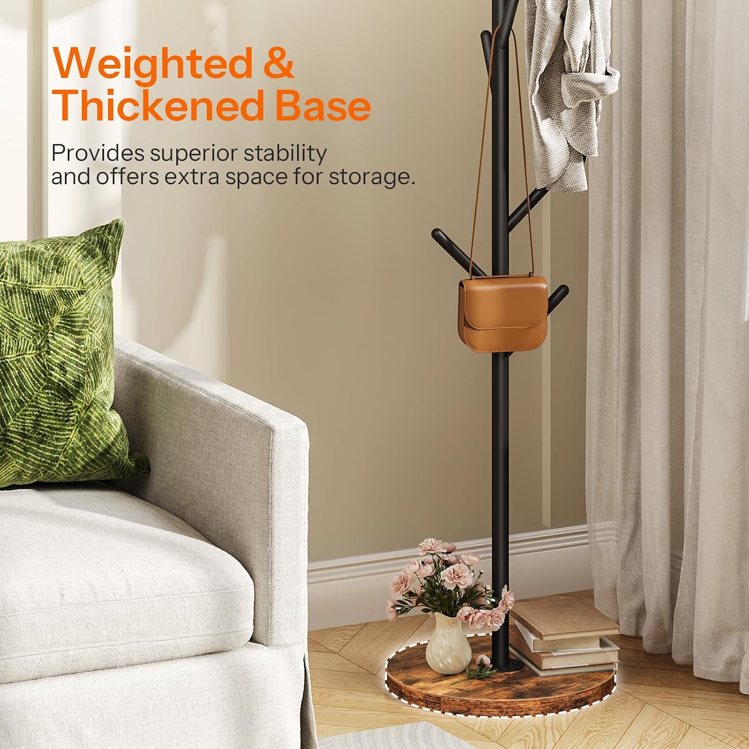 HOOBRO Coat Rack Stand with 9 Hooks, Metal Freestanding Coat Tree with Wooden Base, Heavy Duty Hall Tree for Entryway, Space Saving Coat Hanger Stand with Thickened Base, Rustic Brown BF11YM01