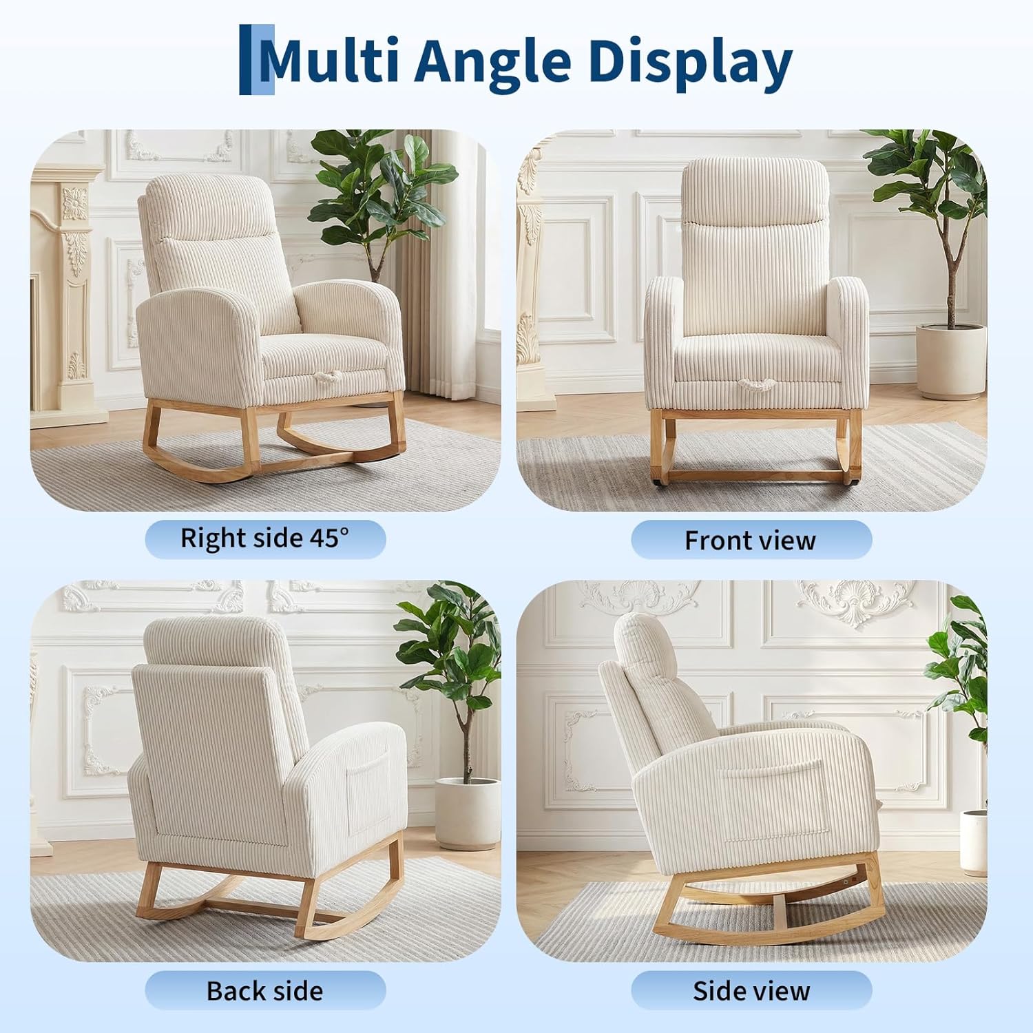 Nursery Rocking Chair, Corduroy Upholstered Rocking Chair with Adjustable Footrest, Tufted Rocker Chair with Side Pocket, Glider Rocker for Living Room, Bedroom