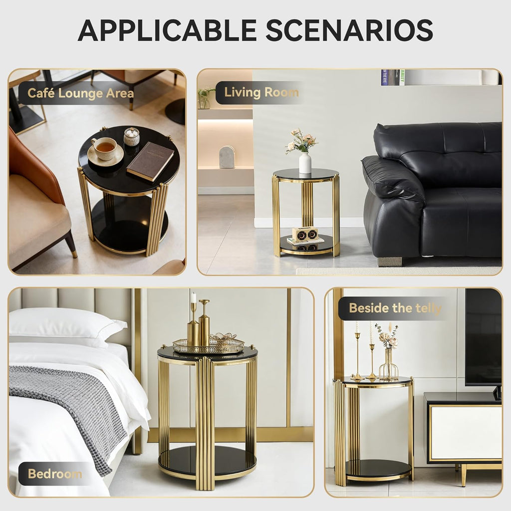 Henf Round Glass End Table Modern Luxury Accent Sofa Side Table, 2-Tier Black Glass End Tables Nightstand with Tempered Glass Top and Shiny Gold Stainless Steel Base for Living Room Bedroom