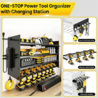 Hipidian Adjustable Power Tool Organizer Wall Mount with Charging Station - 650lb Capacity 4 Layer Heavy Duty Storage Rack with 8 Drill Holders for Garage Workshop Tools, Gifts for Men