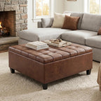 SIMPLIHOME Harrison Coffee Table Storage Ottoman - 36 inch Wide Upholstered Vegan Leather Square Lift-Top Ottoman in Distressed Pecan Brown, Transitional Ottoman for Living Room with Storage