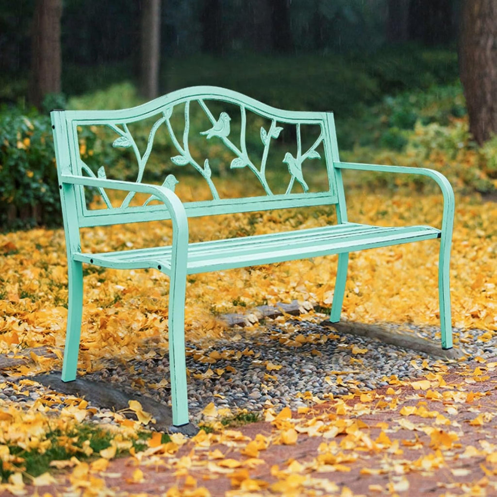 50" Outdoor Garden Bench, Slatted Seat w/Bird Pattern Backrest & Armrests, Green Patio Metal Frame Garden Bench, Durable Weather-Resistant, for Garden/Terrace
