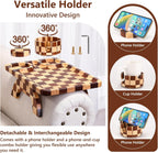 Checkered Rubber Wood Couch Arm Tray, Sofa Armrest Tray with Rotating Cup Holder & Phone Stand, Large Clip-on Sofa Side Table Furniture for Drinks & Remote, 15.36"x9.85", Gift Box