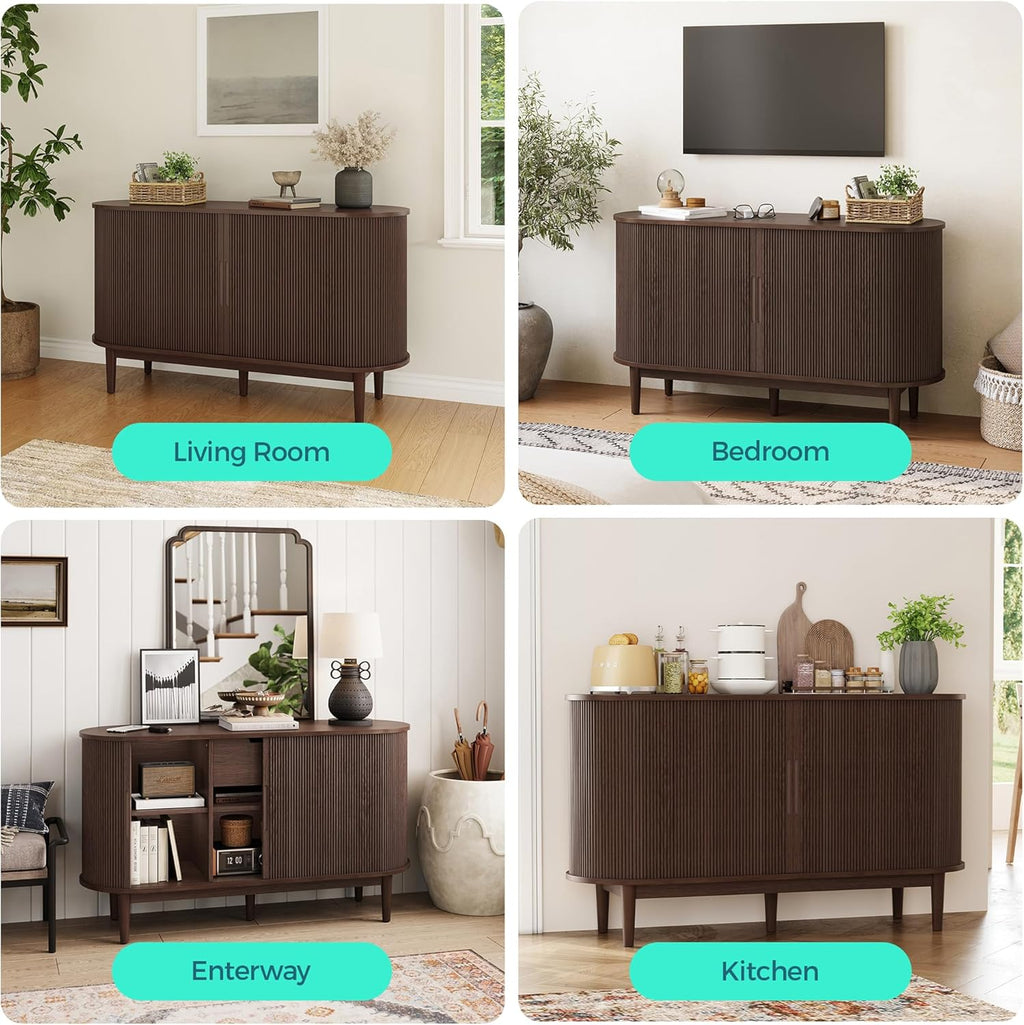 LINSY HOME Sideboard Buffet Cabinet with Storage, 55" Fluted Coffee Bar Cabinet with Tambour Sliding Doors and Drawer, Mid Century Modern Wood Storage Buffet Table for Kitchen, Vintage Walnut