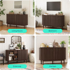 LINSY HOME Sideboard Buffet Cabinet with Storage, 55" Fluted Coffee Bar Cabinet with Tambour Sliding Doors and Drawer, Mid Century Modern Wood Storage Buffet Table for Kitchen, Vintage Walnut