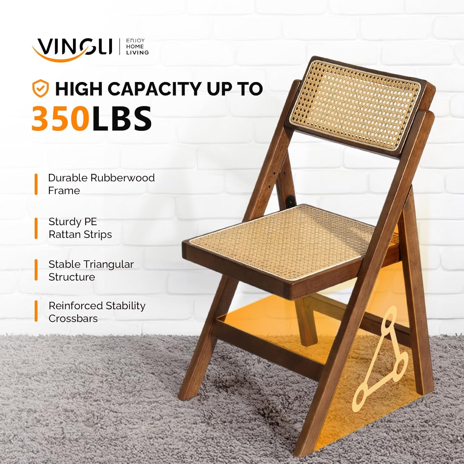 VINGLI 2 Pack Rattan Wooden Folding Chair, Dining Folding Chair with 360° Swivel Backrest, Sturdy Rubberwood Frame and Rattan Woven Seat and Back, Walnut, Set of 2