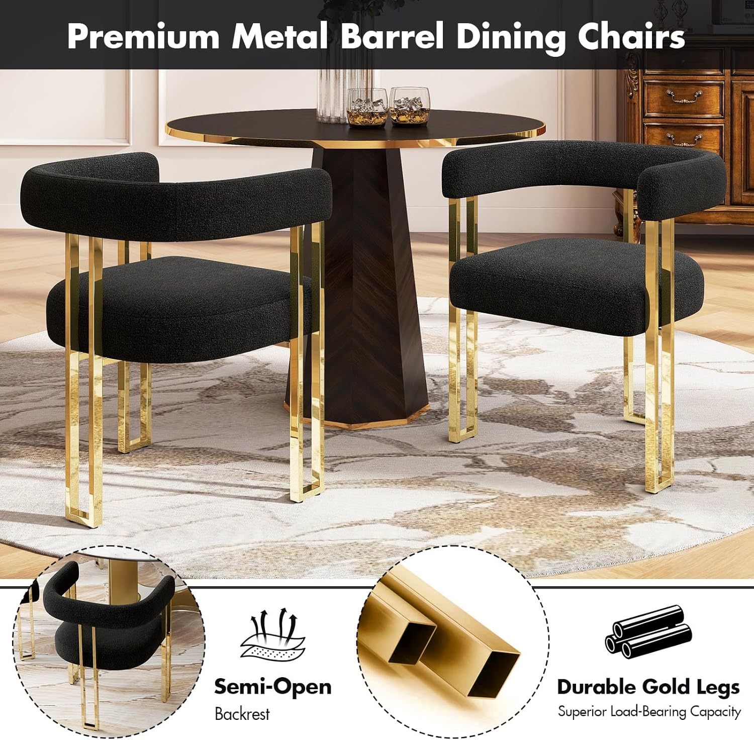 Hyfirm Set of 4 Modern Black Boucle Dining Chairs with Gold Metal Legs, Mid Century Accent Upholstered Barrel Armchairs with Open-Back for Kitchen, Dining Room, Living Room, Apartment