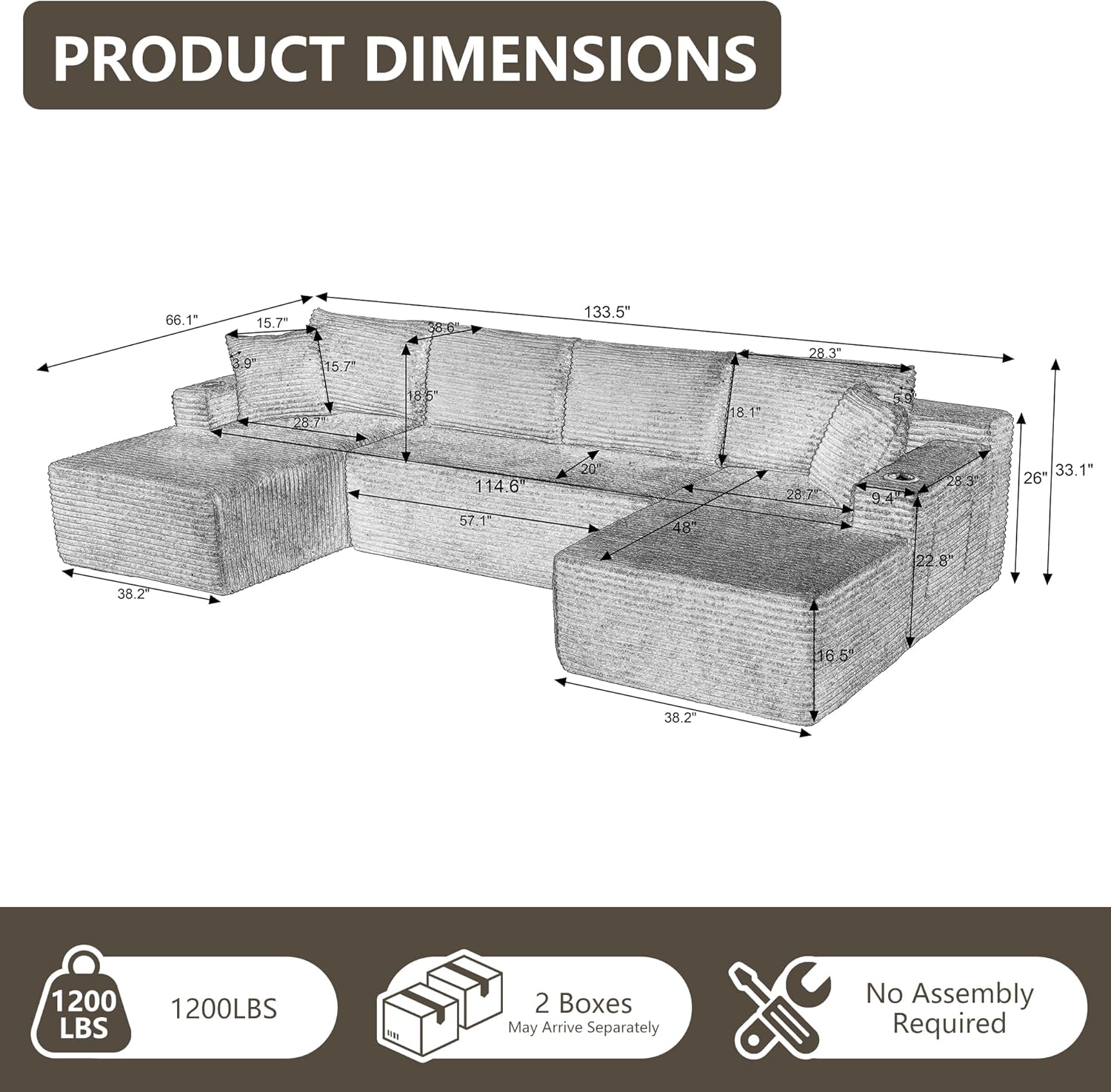 Tmsan 133.5" Black Boneless Sectional Sofa Couches for Living Room, Oversized U Shaped Cloud Modular Set with Cup Holders & Side Pockets & Deep Seat, Comfy Corduroy Foam Compressed No Assembly