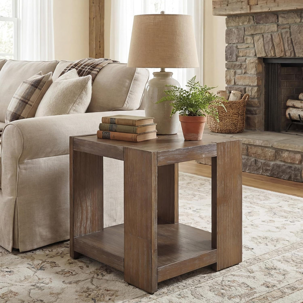 2-Tier Side Table for Living Room Set of 2, Rectangular End Table with Open Storage, Farmhouse Accent Bedside Table for Bedroom, Brown