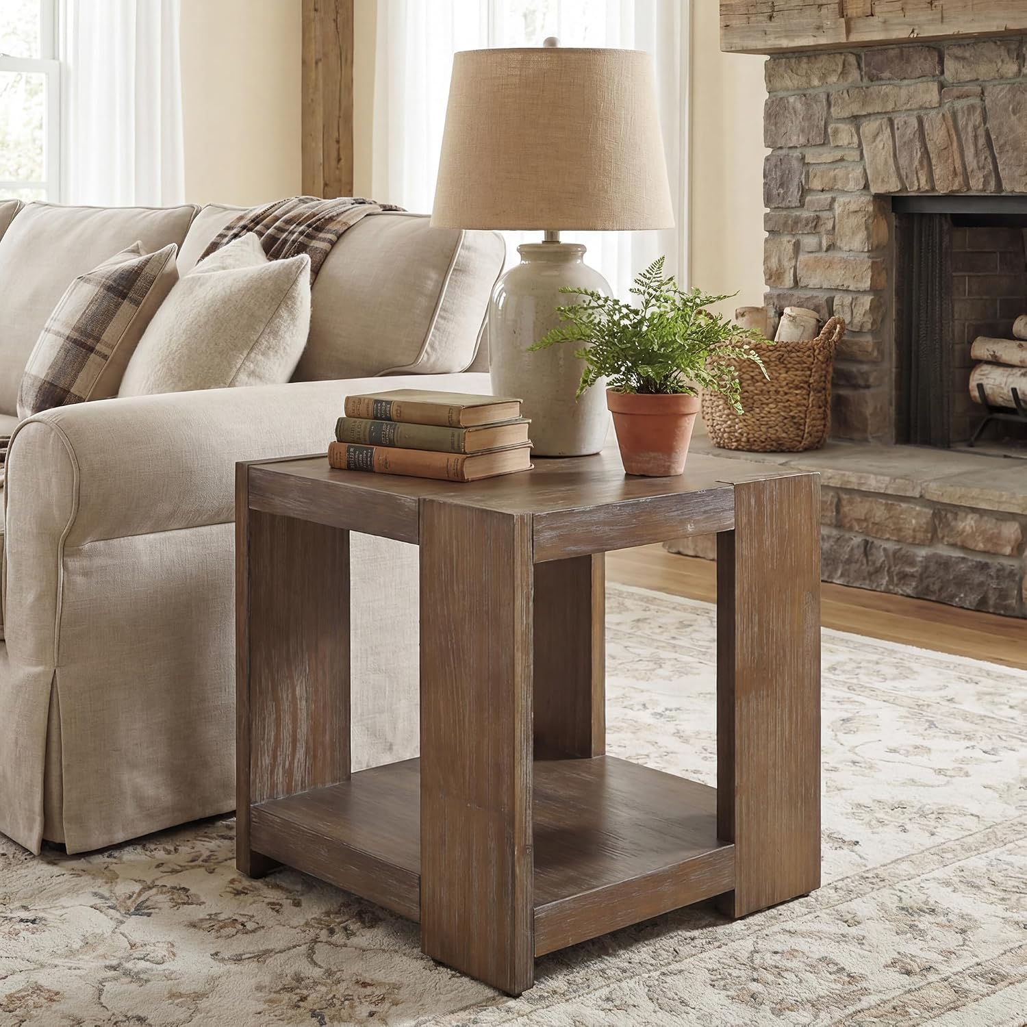 2-Tier Side Table for Living Room Set of 2, Rectangular End Table with Open Storage, Farmhouse Accent Bedside Table for Bedroom, Brown